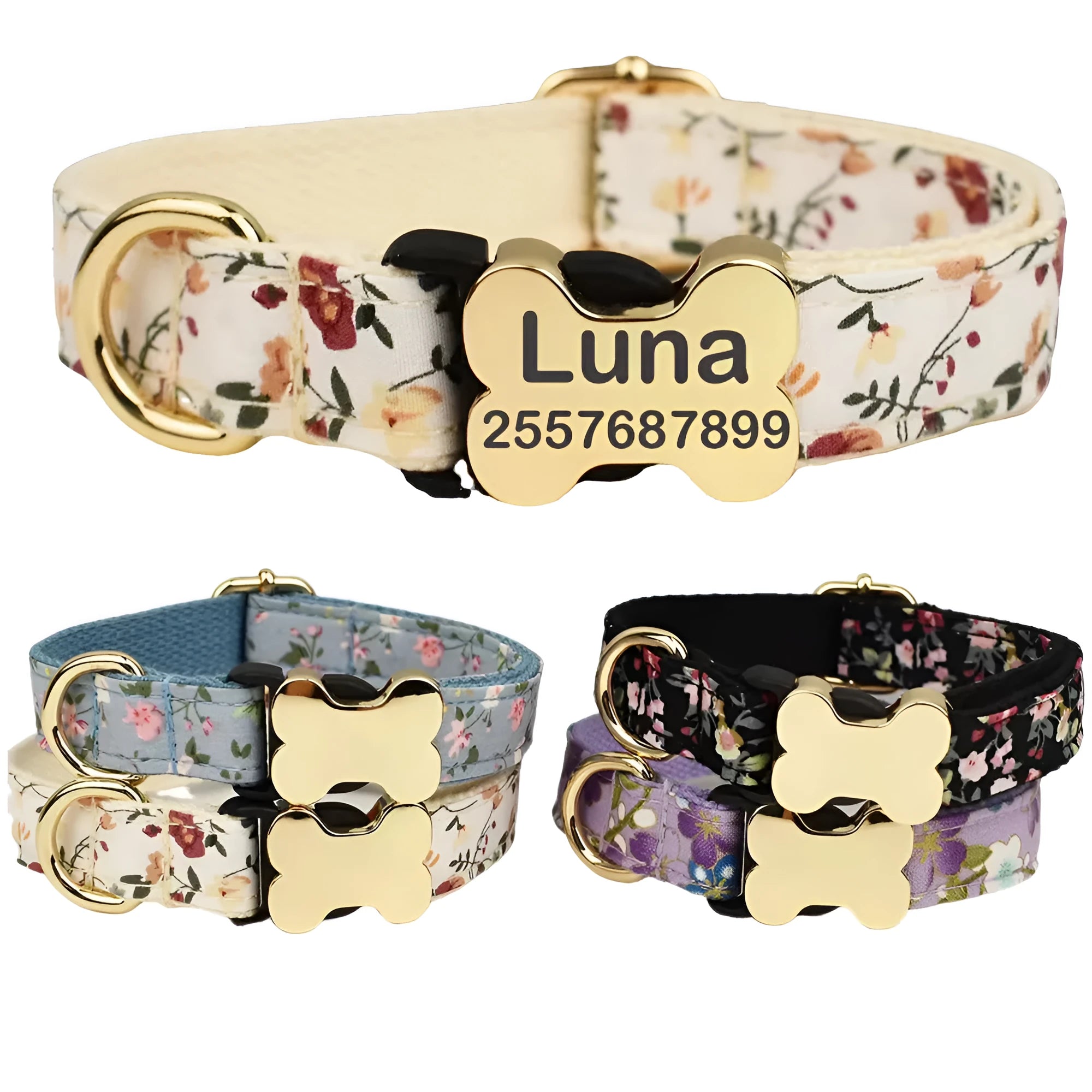 Flat nylon dog collar with bone buckle and printed grid pattern in assorted colours.