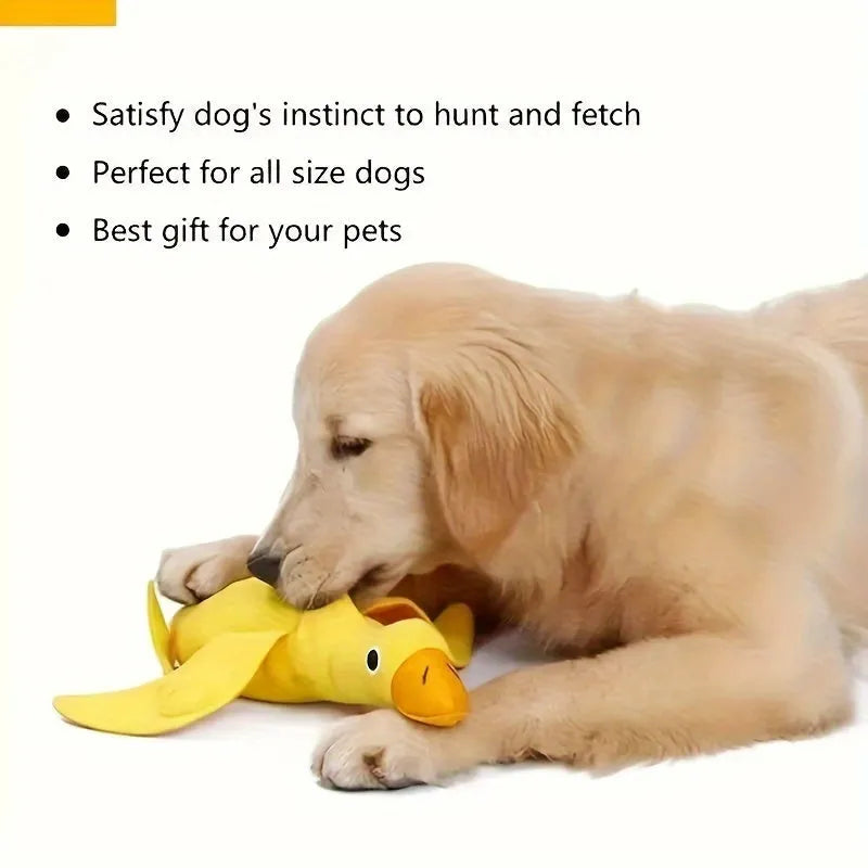 Yellow plush teddy dog toy with squeaker duck sound and treat holes