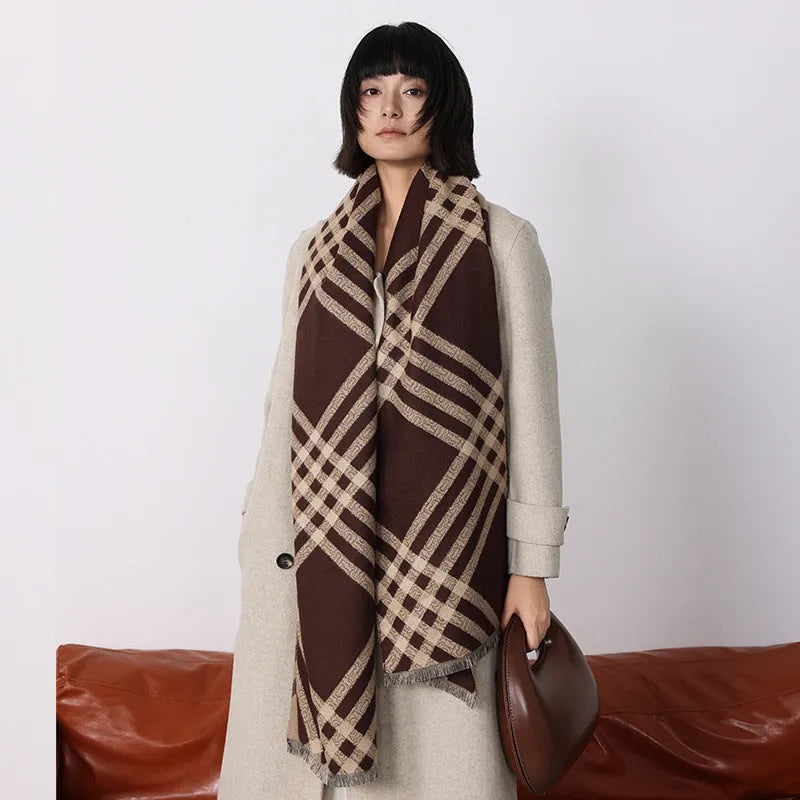 Long brown cashmere-like winter scarf with tassels laid flat showing its full 185cm length.