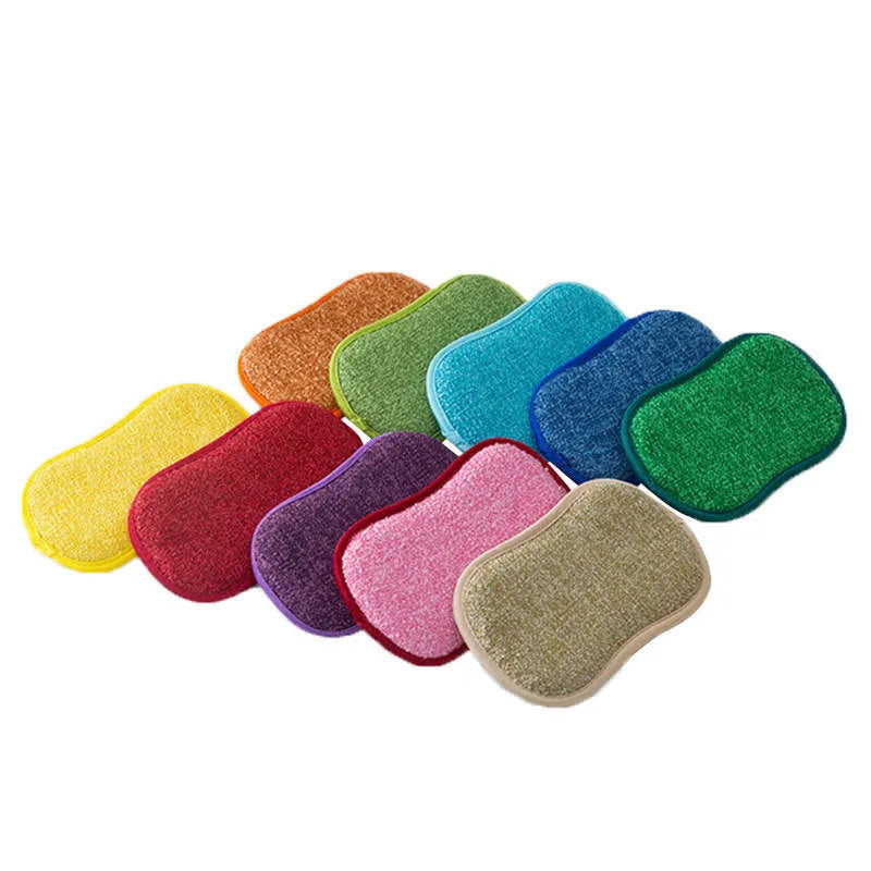 Double-sided kitchen cleaning sponge with microfiber scrub pad for washing bowls, pots and stainless steel surfaces
