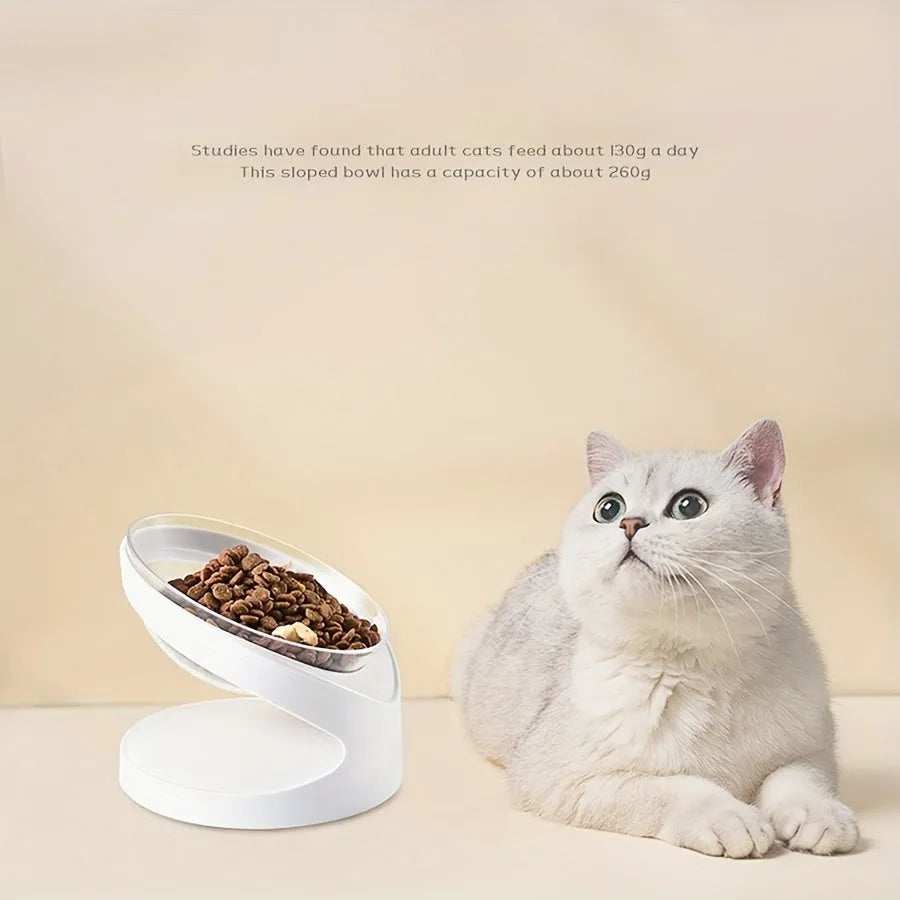 White elevated cat food bowl with ergonomic tilt design for comfortable feeding