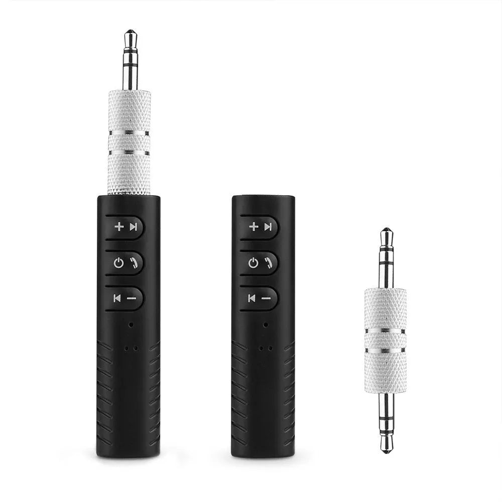 Black plastic Bluetooth audio receiver with 3.5mm plug and Mini USB port, 1.4 x 1.5 x 5.8cm