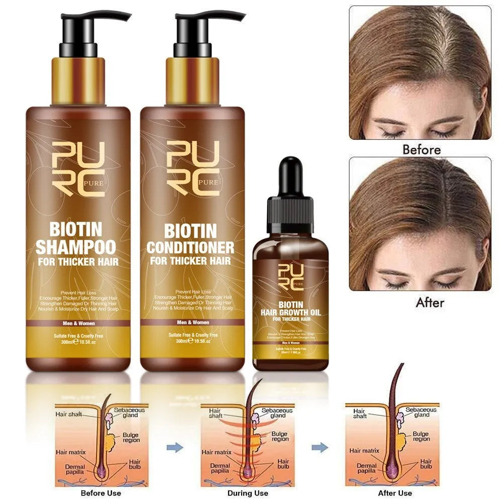 PURC Ginger Biotin three-piece hair care set with shampoo, conditioner, and essential oil in white bottles