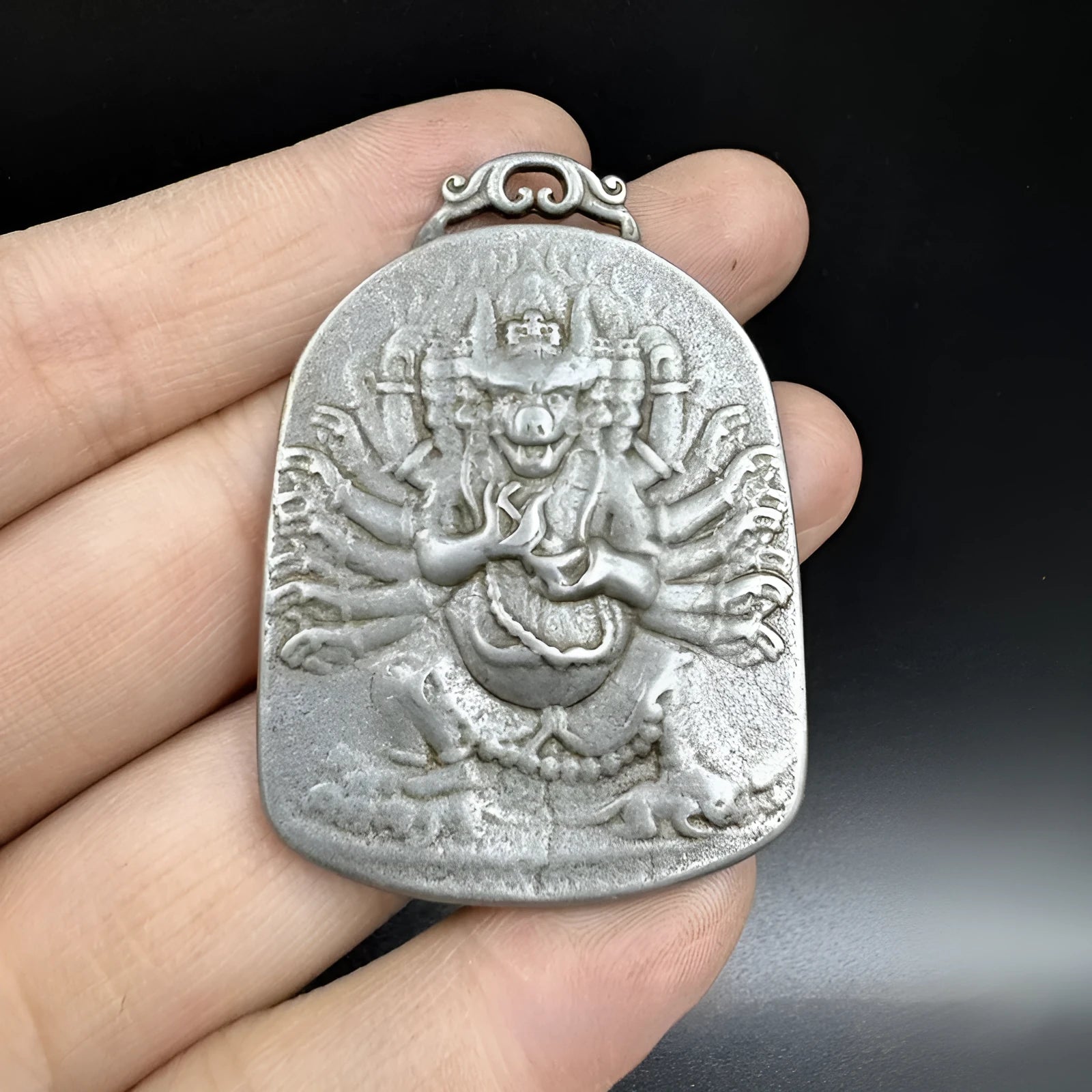 Antique Chinese iron geometric pendant ornament with Yamantaka Aryaacalanatha motif for hanging display