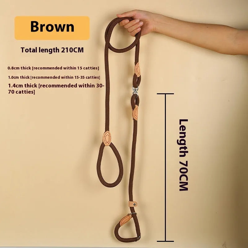Brown nylon dog leash with P chain attachment measuring 2.1 metres in length