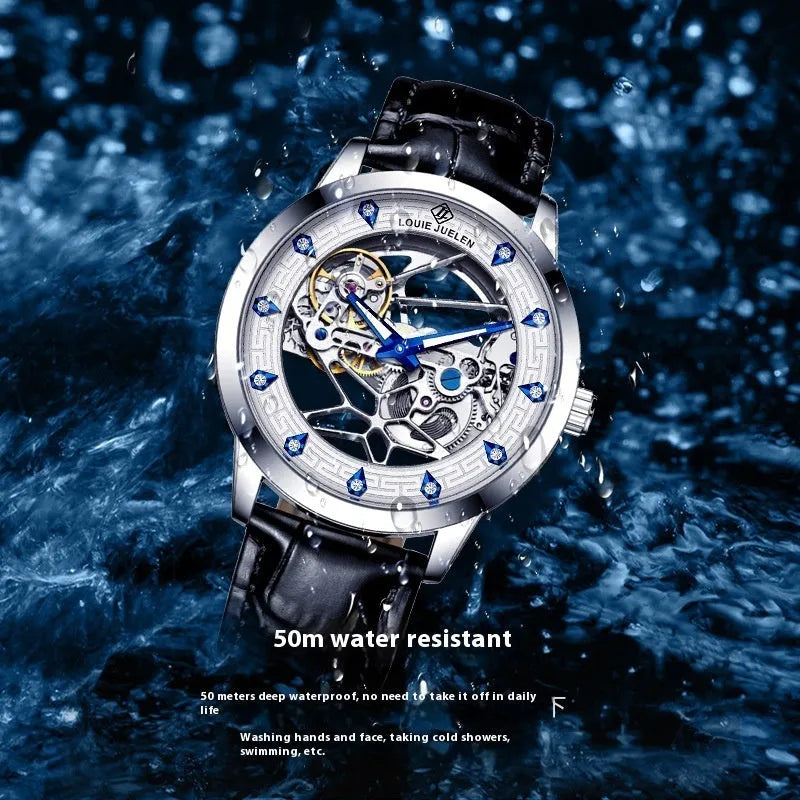 Men's silver case mechanical watch with white dial, blue hands, black leather strap, and butterfly buckle