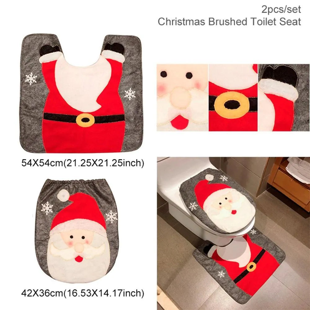 Christmas bathroom set with flannel shower curtain, toilet cover, and floor mats featuring Santa Claus design