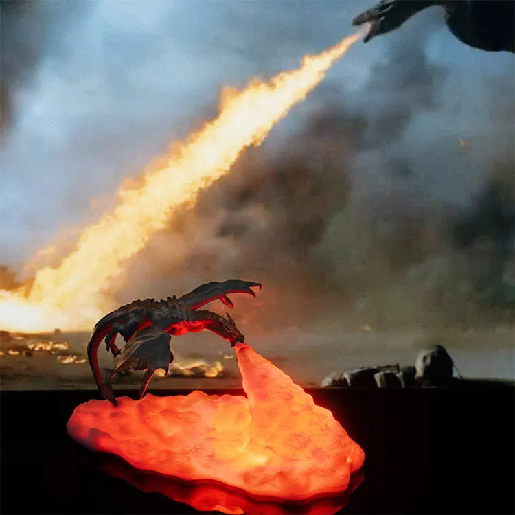 3D-printed red fire-breathing dragon decorative night light on a table