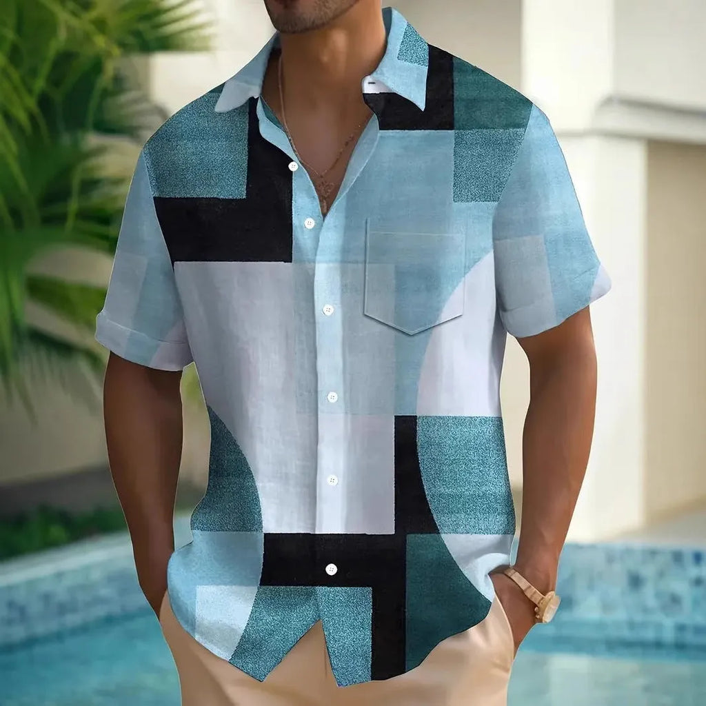 Classic retro men's shirt with geometric contrast colour block and square 3D printed pattern, loose cardigan fit, short sleeves