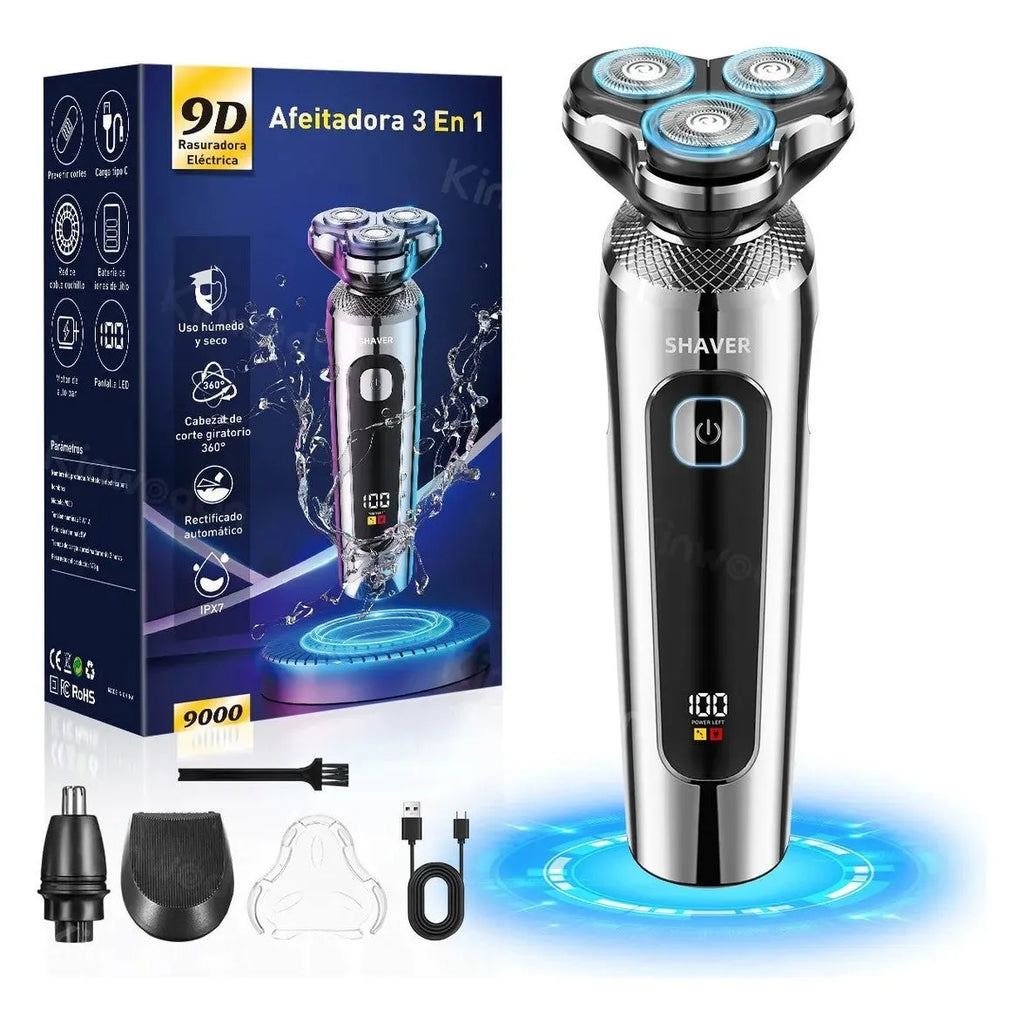 USB rechargeable beard scraper with digital LED display on a five-in-one base bracket.