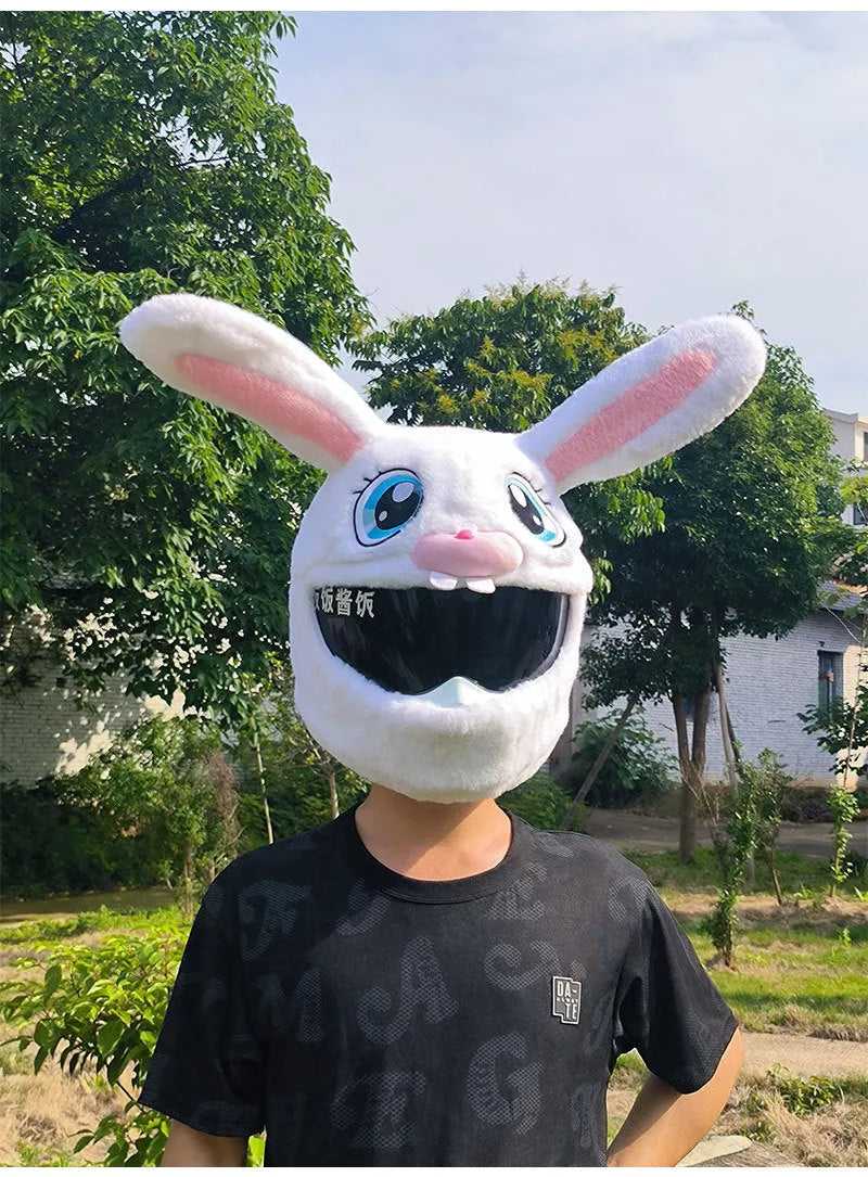 White long-eared rabbit head helmet cover for electric motorcycle with plush pp cotton material