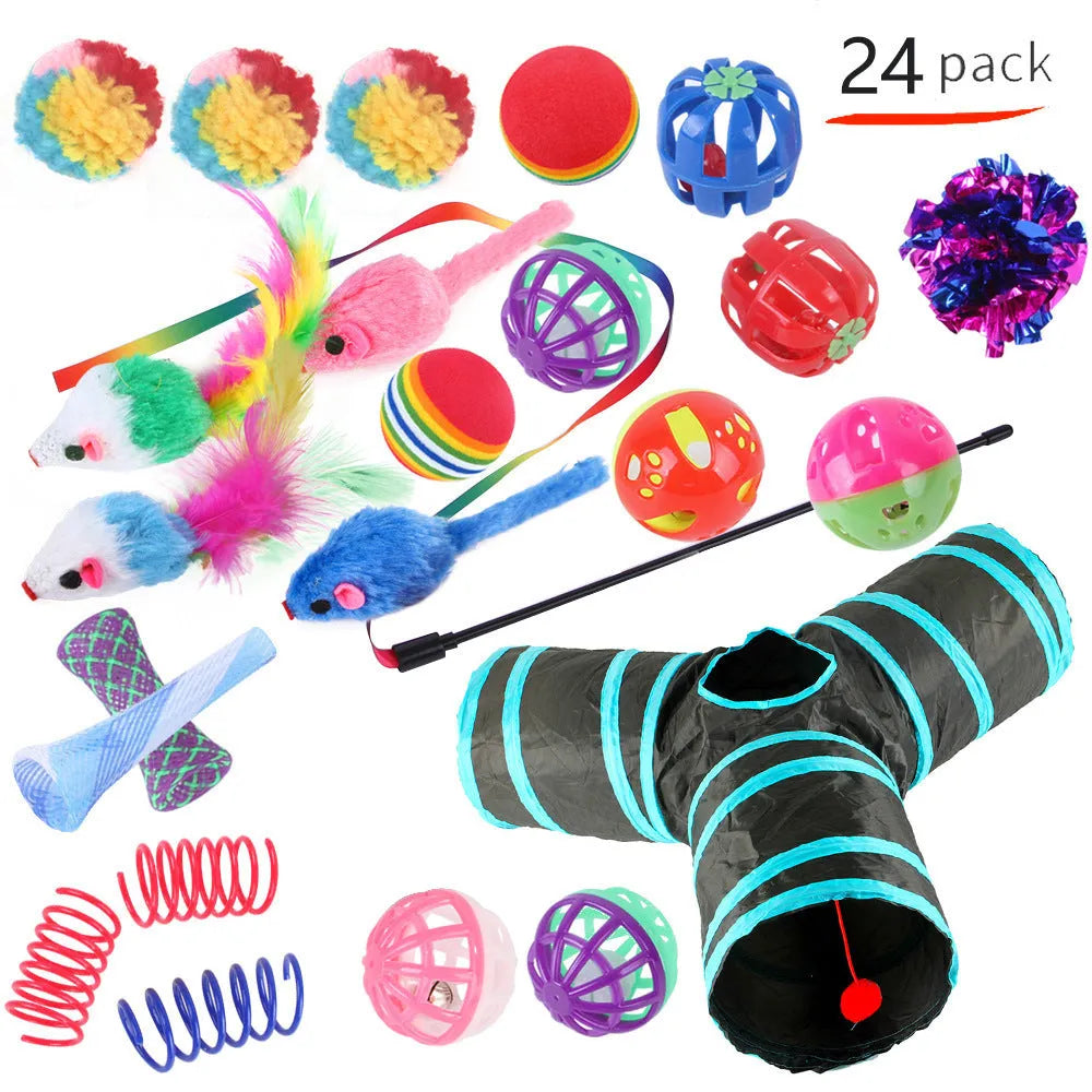 Plastic cat tunnel toy showing tubular channel design for feline play, with random colour accessories.