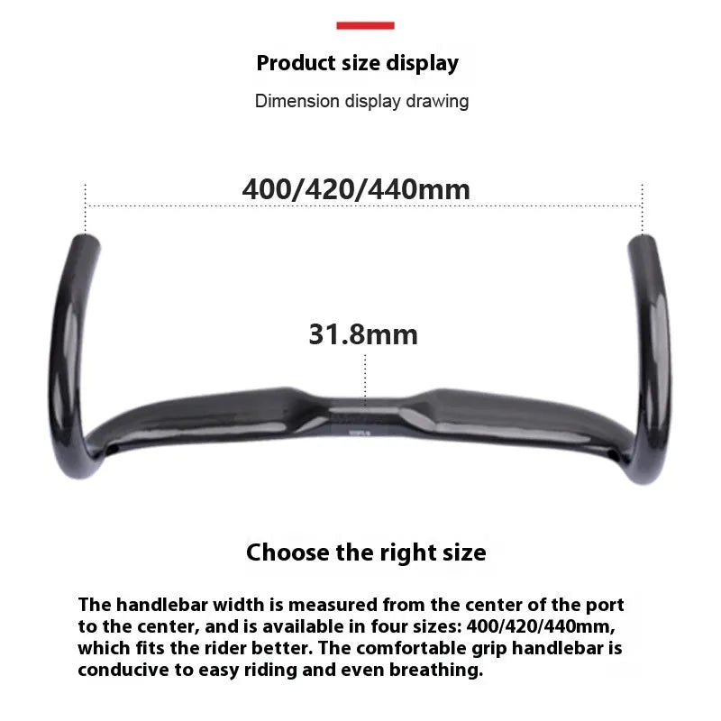 Carbon fibre road bicycle drop bar handlebar in Black Grey Silver, shown in 400mm, 420mm, and 440mm width options.