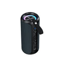 Black plastic portable Bluetooth speaker 50W with Type-C port, 80x80x180mm, on a flat surface