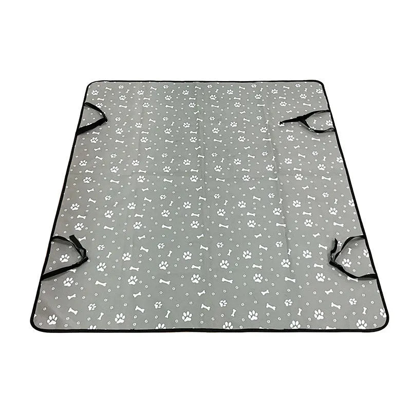 Water resistant cloth car pet mat for the rear seat, shown in a grey dog footprint print design.