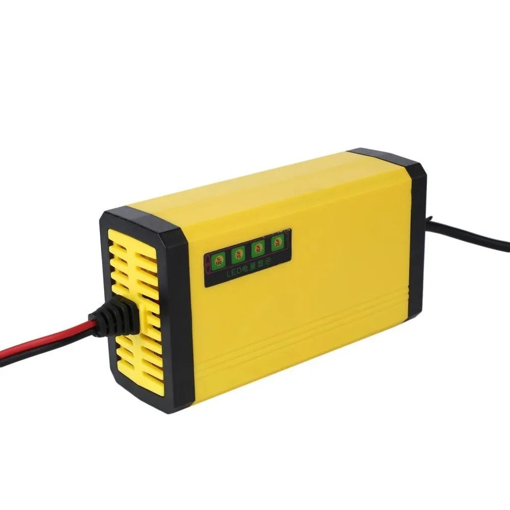 Yellow ABS motorcycle battery charger with alligator clips and 80cm input cable on a white background