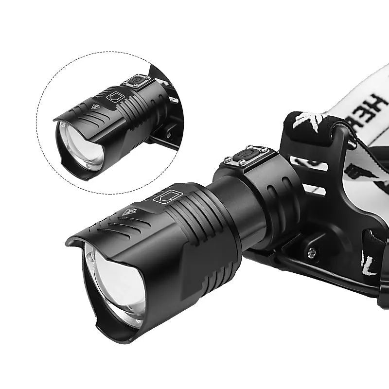 Black USB rechargeable headlight with telescopic zoom lens and head strap