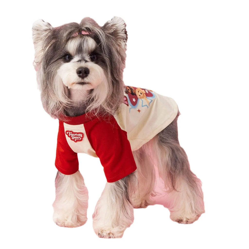 Cotton summer dog clothes in embroidered red or pink with contrast colour design