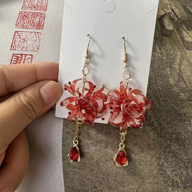 Red Spider Lily Manjushage women's earrings in red, gold, or red+gold resin floral design