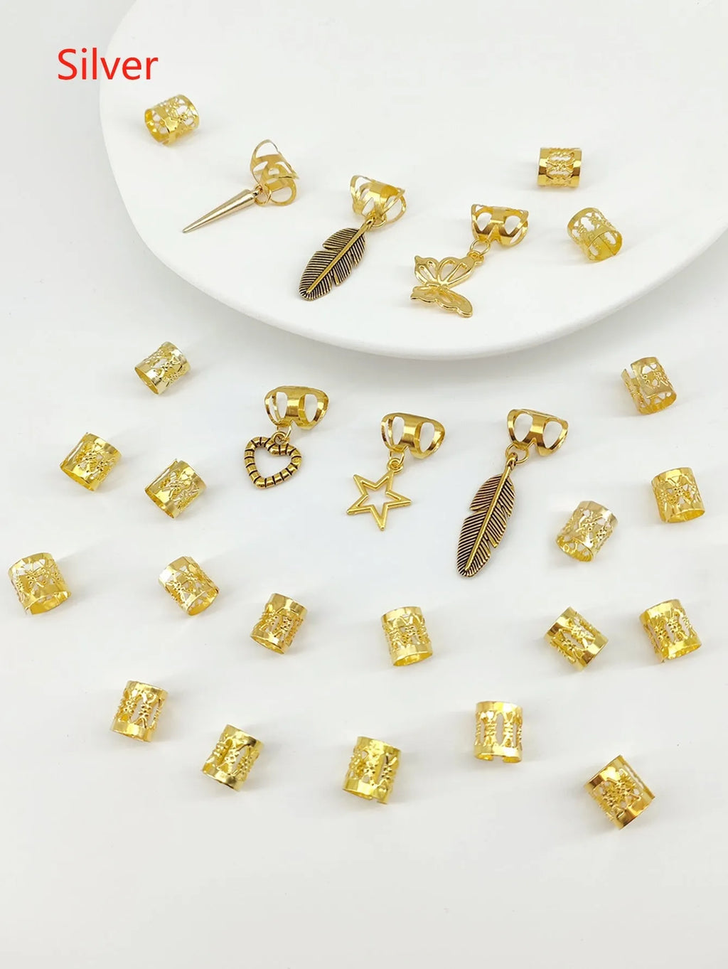 Antique style dirty braid hair rings in electroplated alloy, 26 pieces per pack in gold or silver