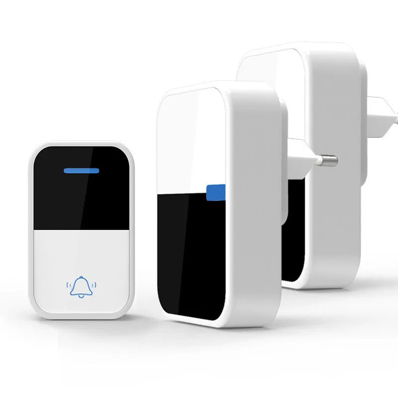 Modern white plastic wireless doorbell kit with receiver and beeper units on a plain background.