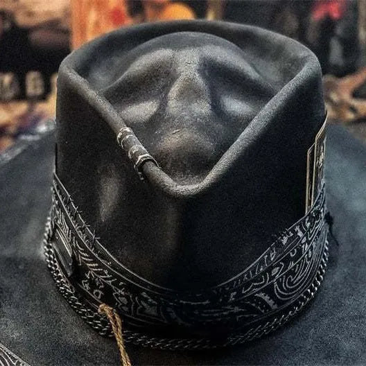 Handmade wool felt denim Halloween skull hat with conical crown in skull design