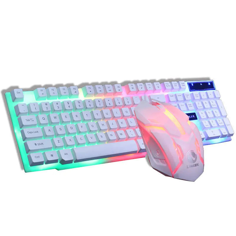 GTX300 black and white wired gaming keyboard and mouse set with colourful backlit keys on desk.