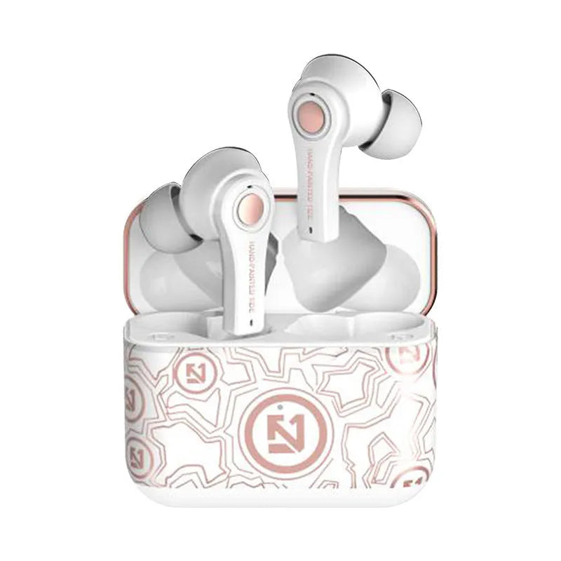 Wireless Bluetooth headset in black or white colours showing head-mounted design
