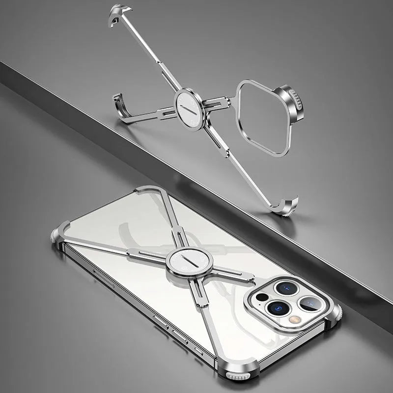 Metal phone case with X-shape design, airbag corners, and magnetic lock for iPhone 12 13 series in silver