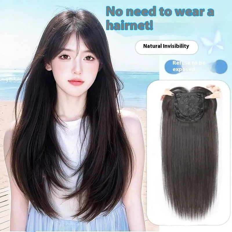 Black long straight full-head women's wig with high-layered cut and integrated hair net