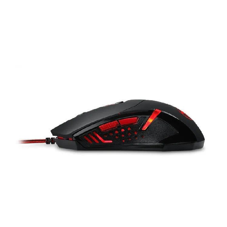 Black and red USB wired gaming mouse with six buttons and ergonomic design on desktop
