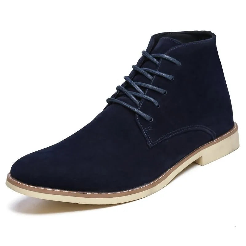 Large men's Martin boots in black with reverse suede vamp, pointed toe, front lacing, and thick heel