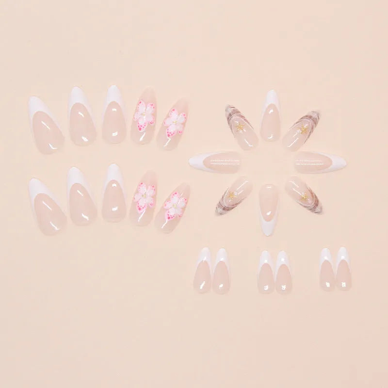 French style plastic press-on artificial nails with rock pattern and simple flower patches in W1764 colour.