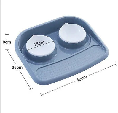 Double plastic pet bowl in grey, blue, green, or pink, measuring 45x35x8cm with anti-skid base.