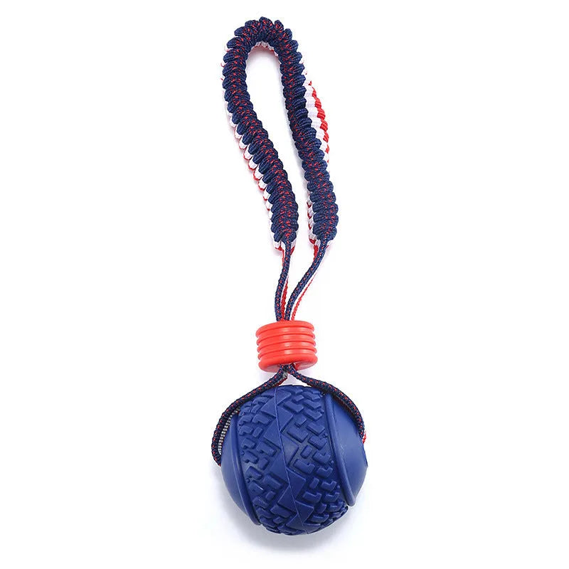 Blue natural rubber dog ball with rope handle for small breed dogs