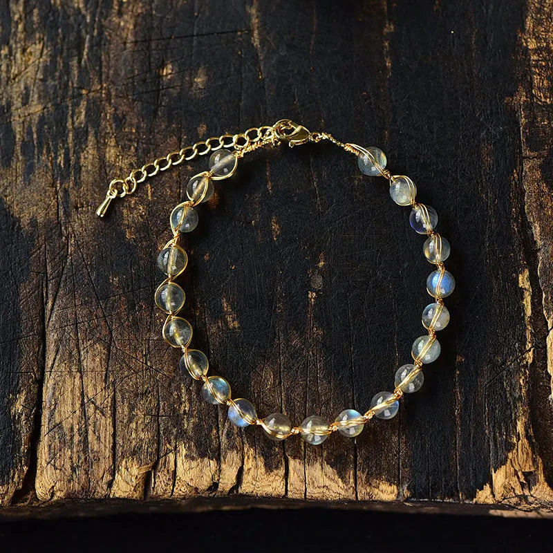 Women's natural crystal blue moonstone bracelet with 6mm stones and 14K gilded metal