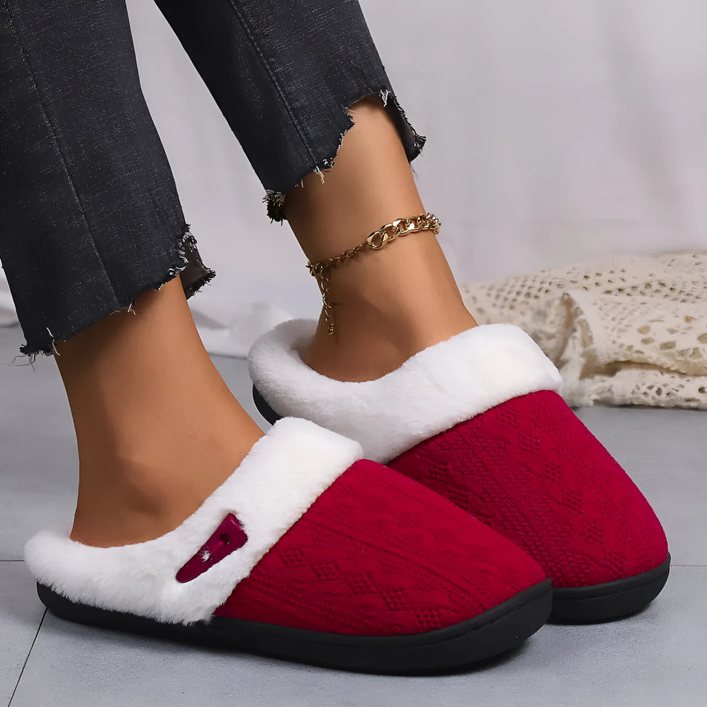 Winter cotton slippers with non-slip rubber sole, flat round toe and artificial hair lining, in five colours