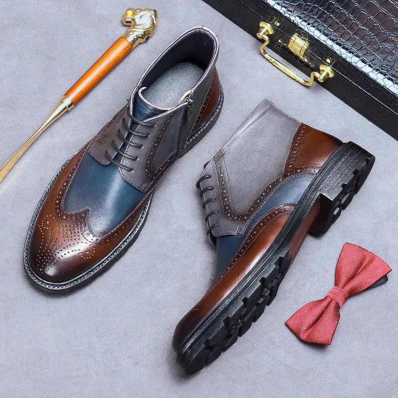 Mens brown and blue colour block brogue ankle boots with leather upper and low heel