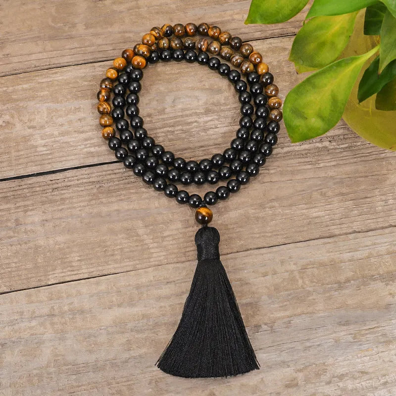 Tiger eye stone tassel necklace bracelet with adjustable 81cm circumference and drop shape pendant