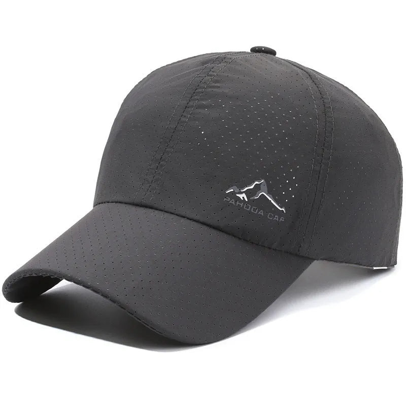 Adjustable polyester baseball cap with dome crown on a white background.