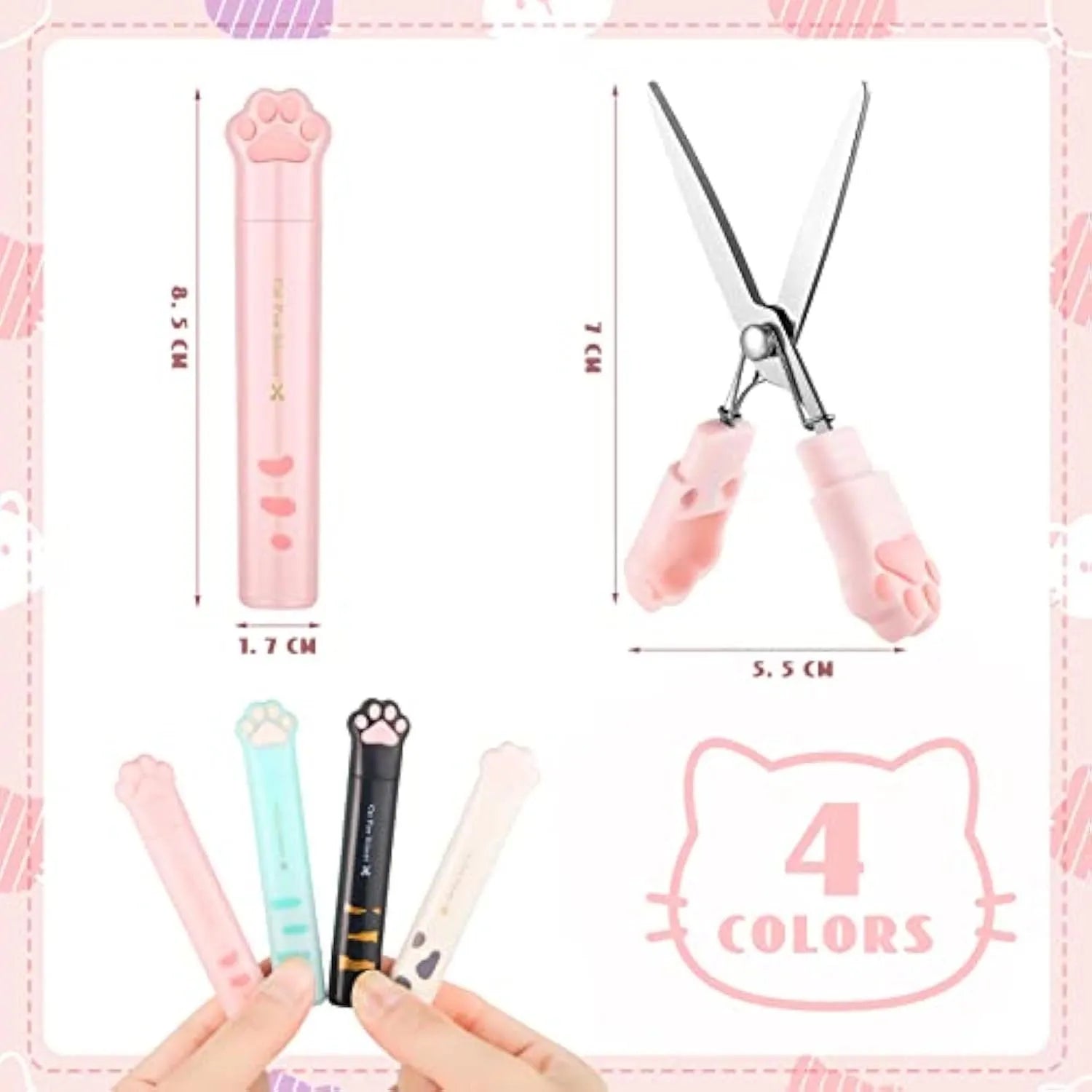 Cat paw mini folding scissors in pink, white, black, and blue colours showing closed and open positions
