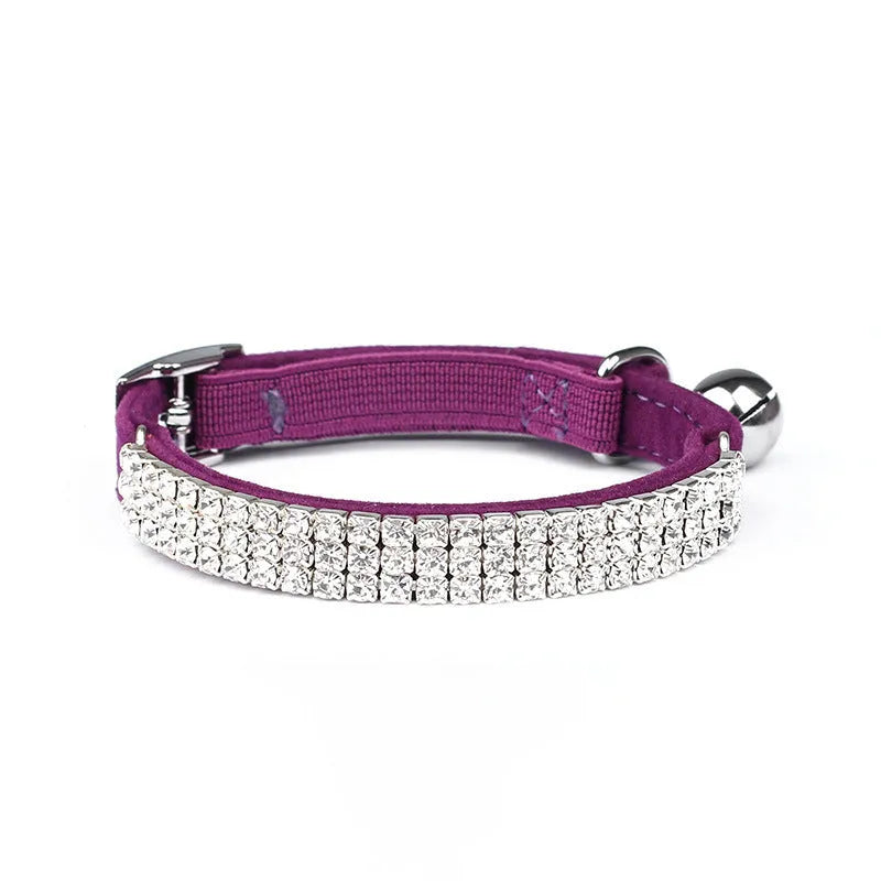 Suede cat collar with rhinestones in five colours, adjustable from 20cm to 30cm length