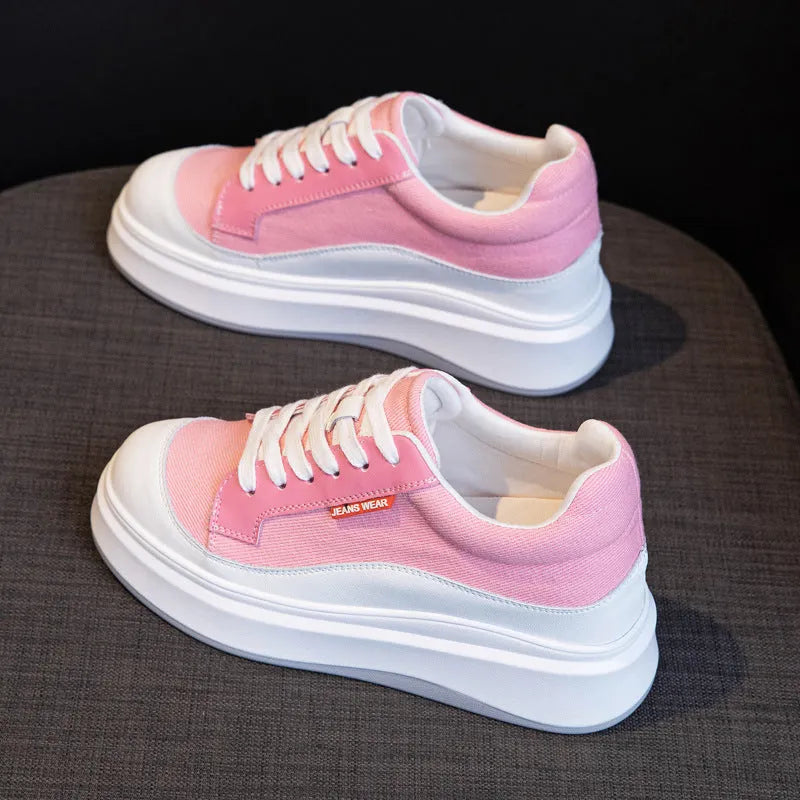 Women's thick-soled leather board shoes in beige and pink colours with cowhide upper