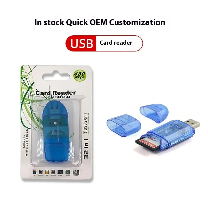 Creative transparent USB card reader with LED light option and included card holder.
