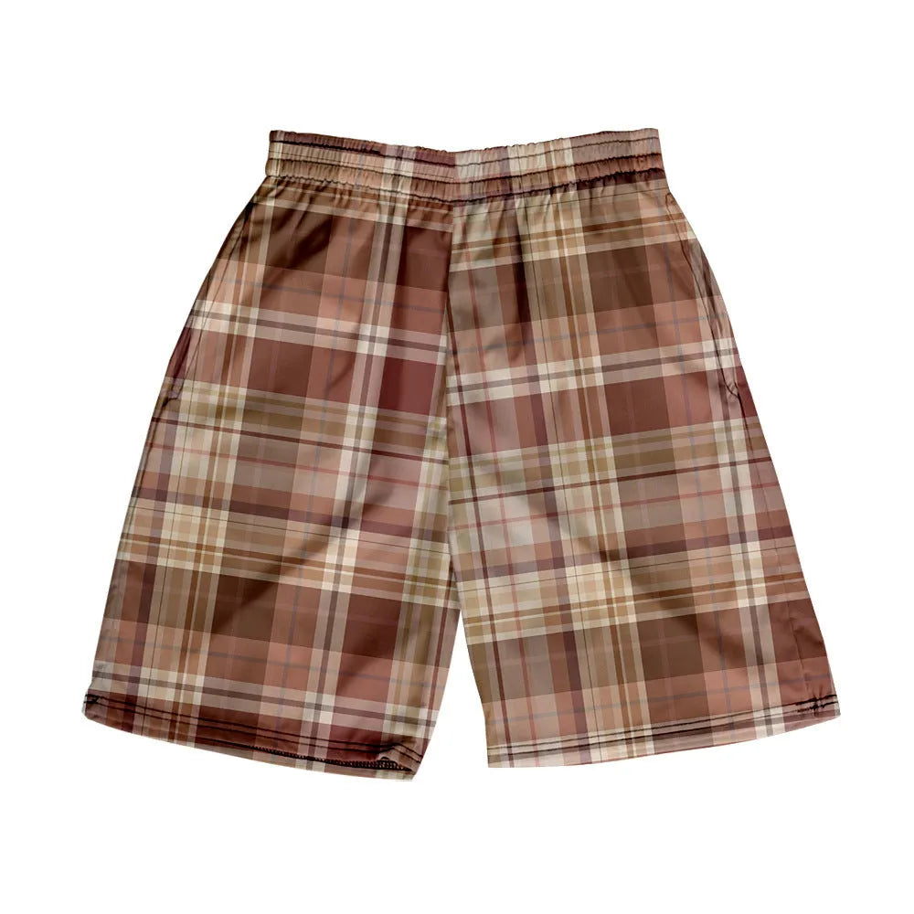 Man wearing plaid patterned casual shorts with an elastic waistband, straight legs, and a digital print design.