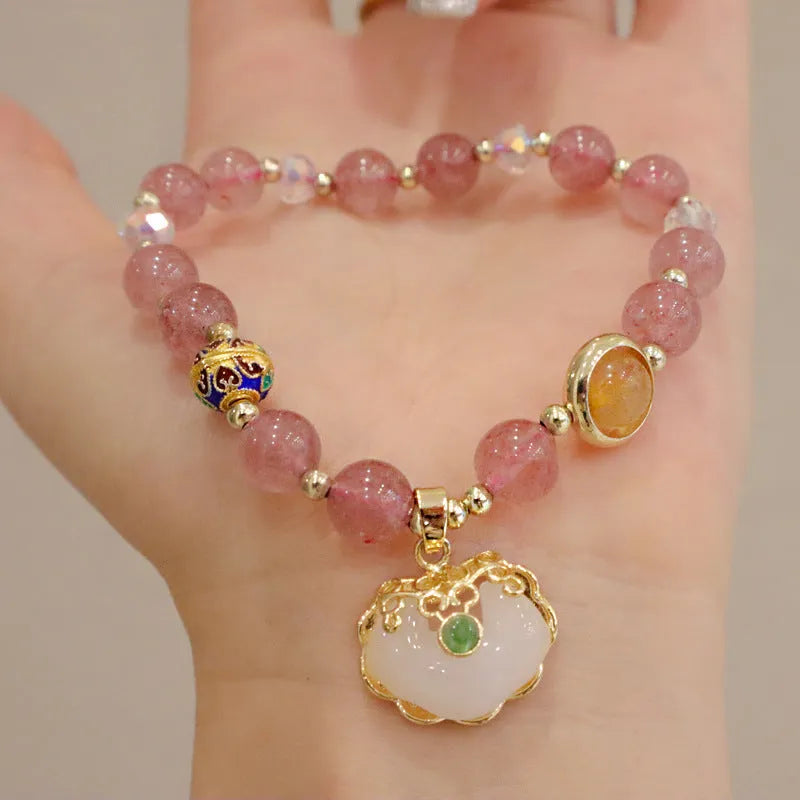 Geometric women's bracelet with ethnic metal decoration, available in Gray Jade or Strawberry Quartz.