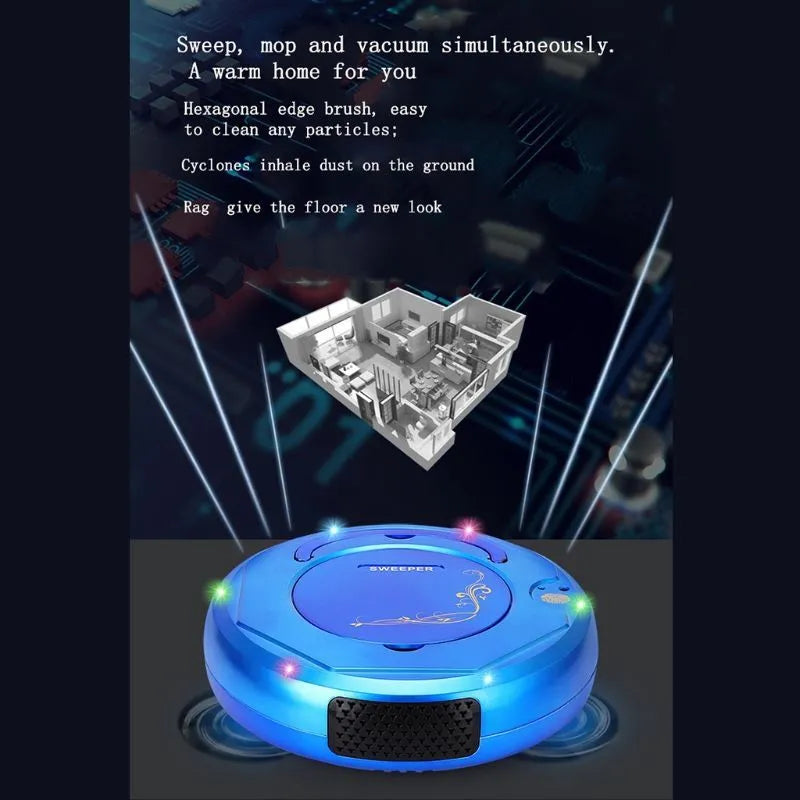 Lazy Smart floor sweeping robot vacuum cleaner in black, blue, or white on a hard floor.