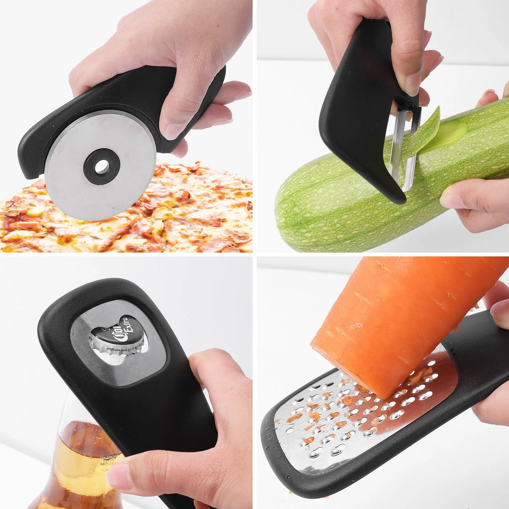 Six stackable kitchen gadgets with brush in colour box, made from plastic and stainless steel
