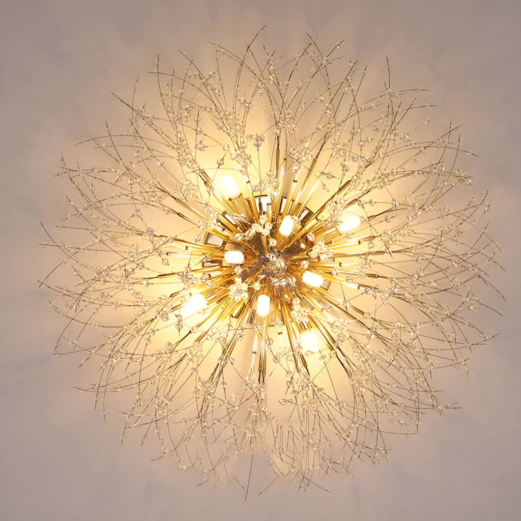 Wrought iron ceiling lamp with dandelion crystal shade chrome finish 40cm four LED heads