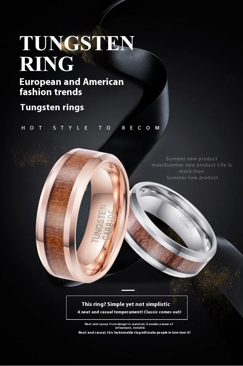Men's 8mm wide U-shaped tungsten ring in rose gold finish on a hand.